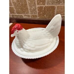 Vtg Westmoreland Milk Glass Hen Nest 6" Covered Dish–Embossed WG  & Vibrant Red